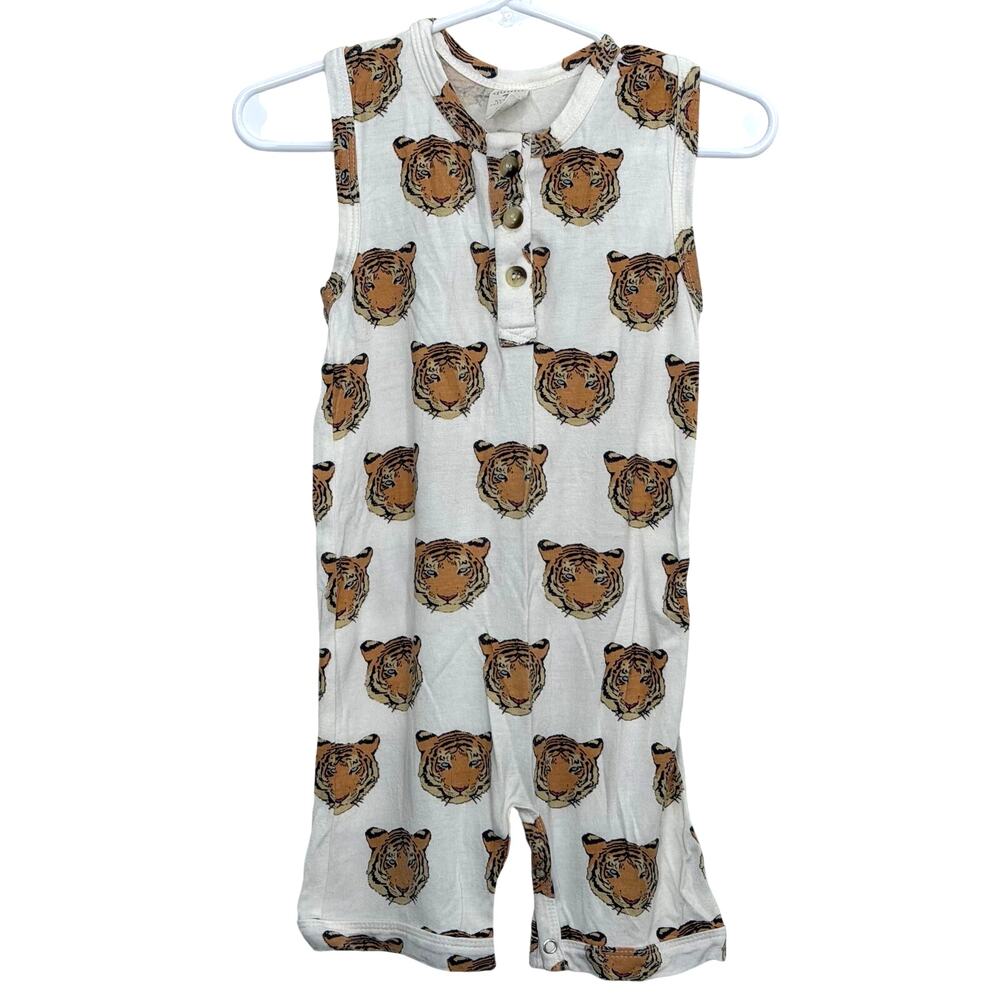 Kate Quinn Tiger Heads Sleeveless Button Shortie Jumpsuit Bamboo Size 6-12 Month